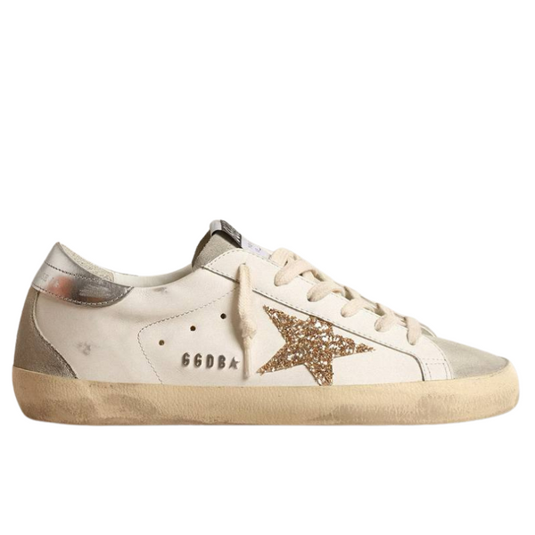 Golden Goose Super-Star with gold glitter star and ice-gray suede inserts