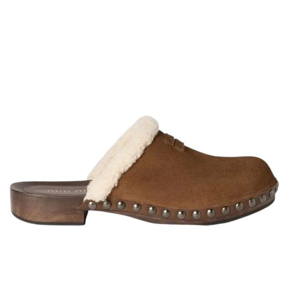 Miu Miu shearling-lined suede clogs in brown